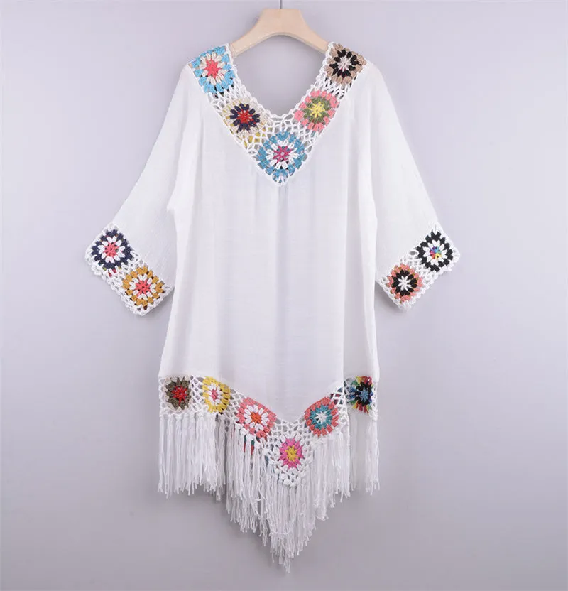 Women V-Neck Hollow Tassel Beach Bikini Cover-Up Sundress