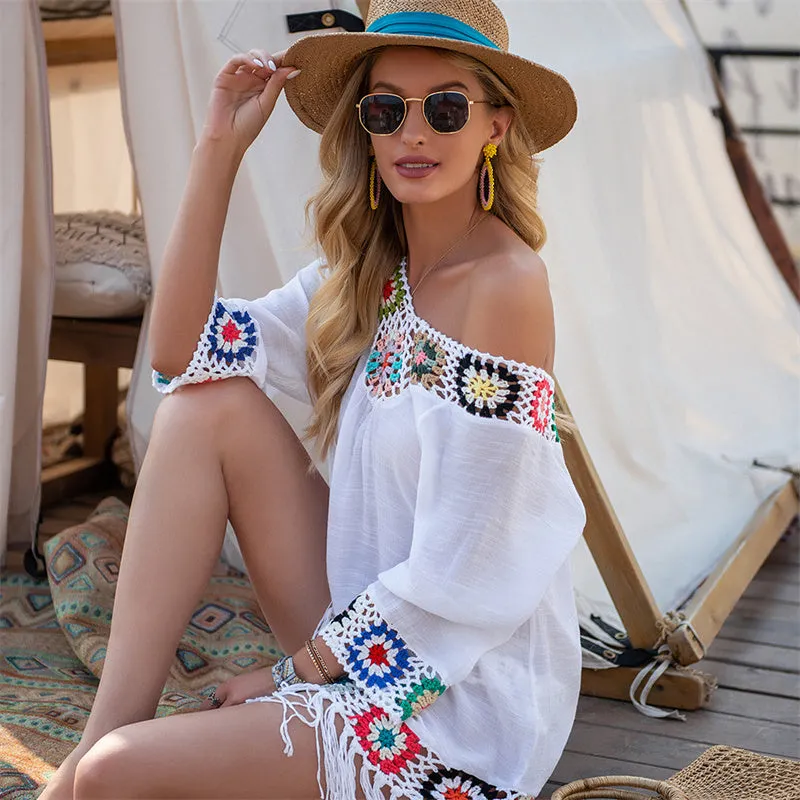 Women V-Neck Hollow Tassel Beach Bikini Cover-Up Sundress