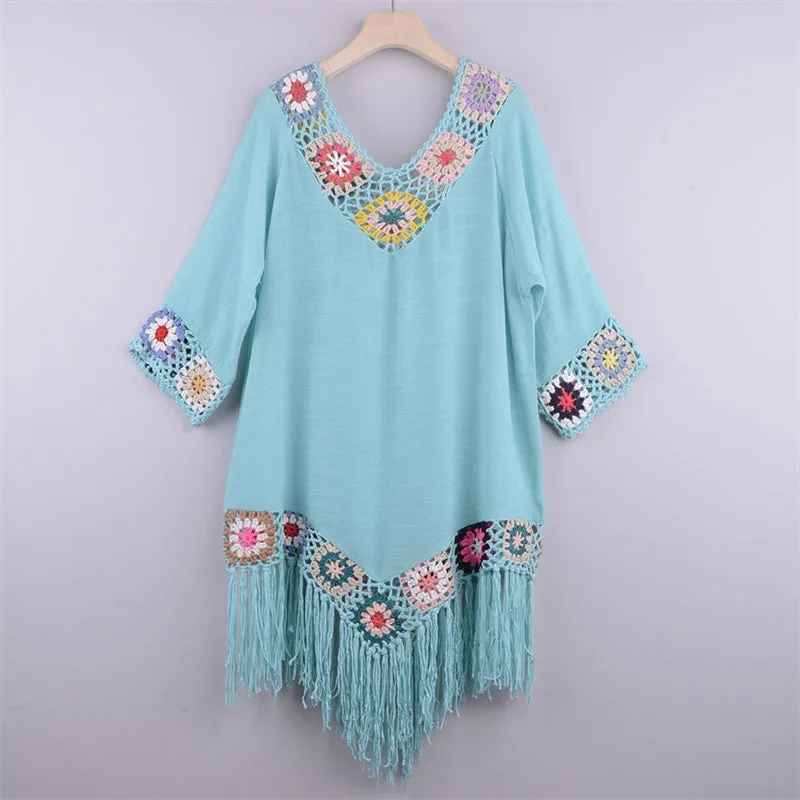 Women V-Neck Hollow Tassel Beach Bikini Cover-Up Sundress