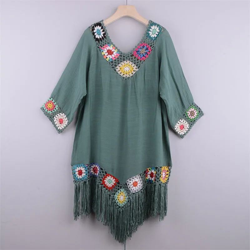 Women V-Neck Hollow Tassel Beach Bikini Cover-Up Sundress