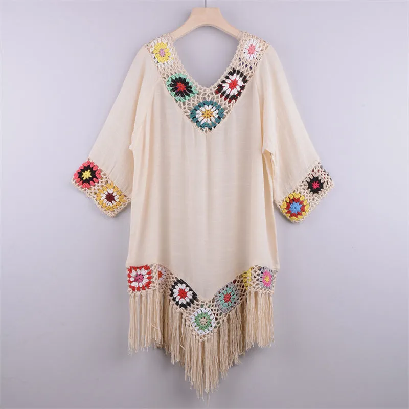 Women V-Neck Hollow Tassel Beach Bikini Cover-Up Sundress