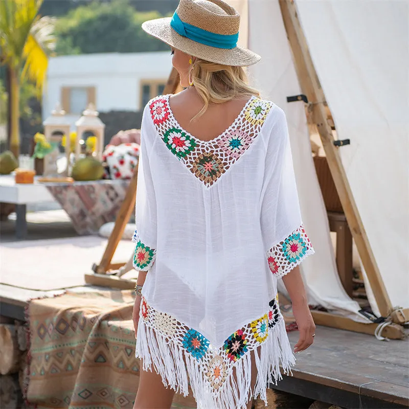 Women V-Neck Hollow Tassel Beach Bikini Cover-Up Sundress