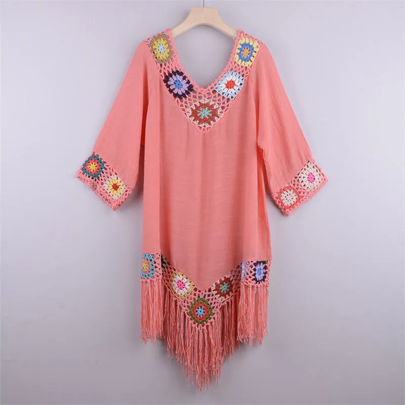 Women V-Neck Hollow Tassel Beach Bikini Cover-Up Sundress