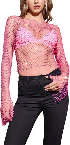 Women Y2K Sexy See Through Shirts Mesh Sheer Tops Long Sleeve Slim Fit Layering Top Blouse E Gril Streetwear 