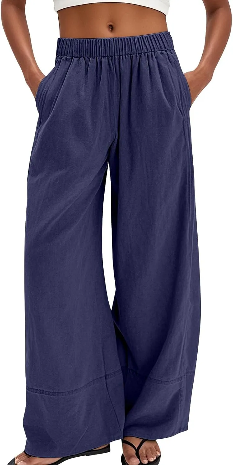 Women's Cotton Linen Palazzo Pants Summer Baggy Casual Wide Leg Pants High Waisted Flowy Lounge Trousers with Pockets