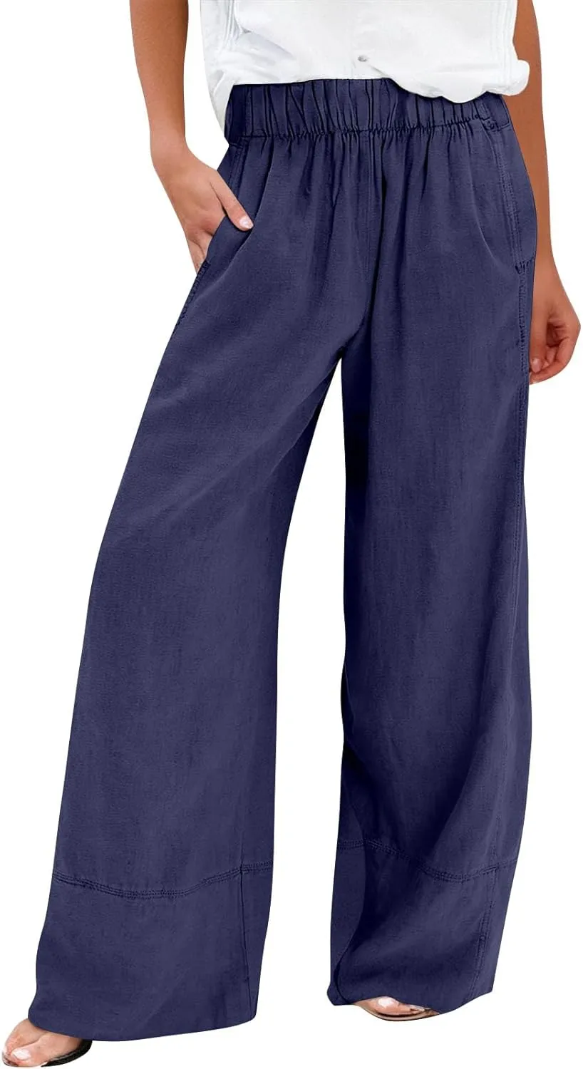 Women's Cotton Linen Palazzo Pants Summer Baggy Casual Wide Leg Pants High Waisted Flowy Lounge Trousers with Pockets