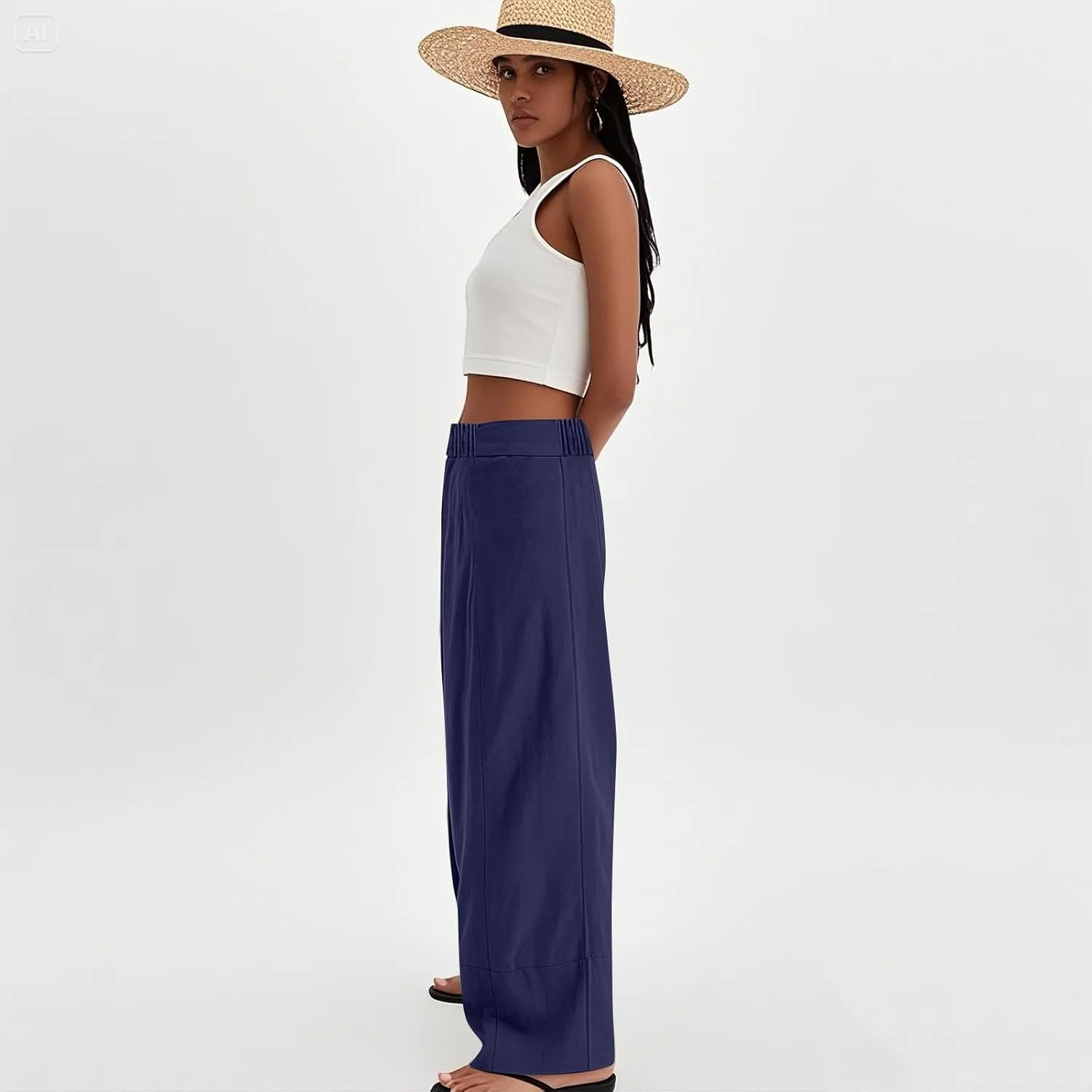 Women's Cotton Linen Palazzo Pants Summer Baggy Casual Wide Leg Pants High Waisted Flowy Lounge Trousers with Pockets