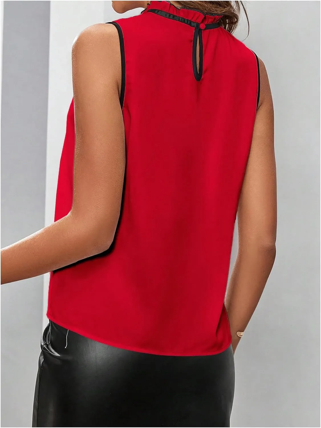 Women's High Neck Tank Top Sleeveless Lace Patchwork Tie Neck Loose Fit Work Blouse