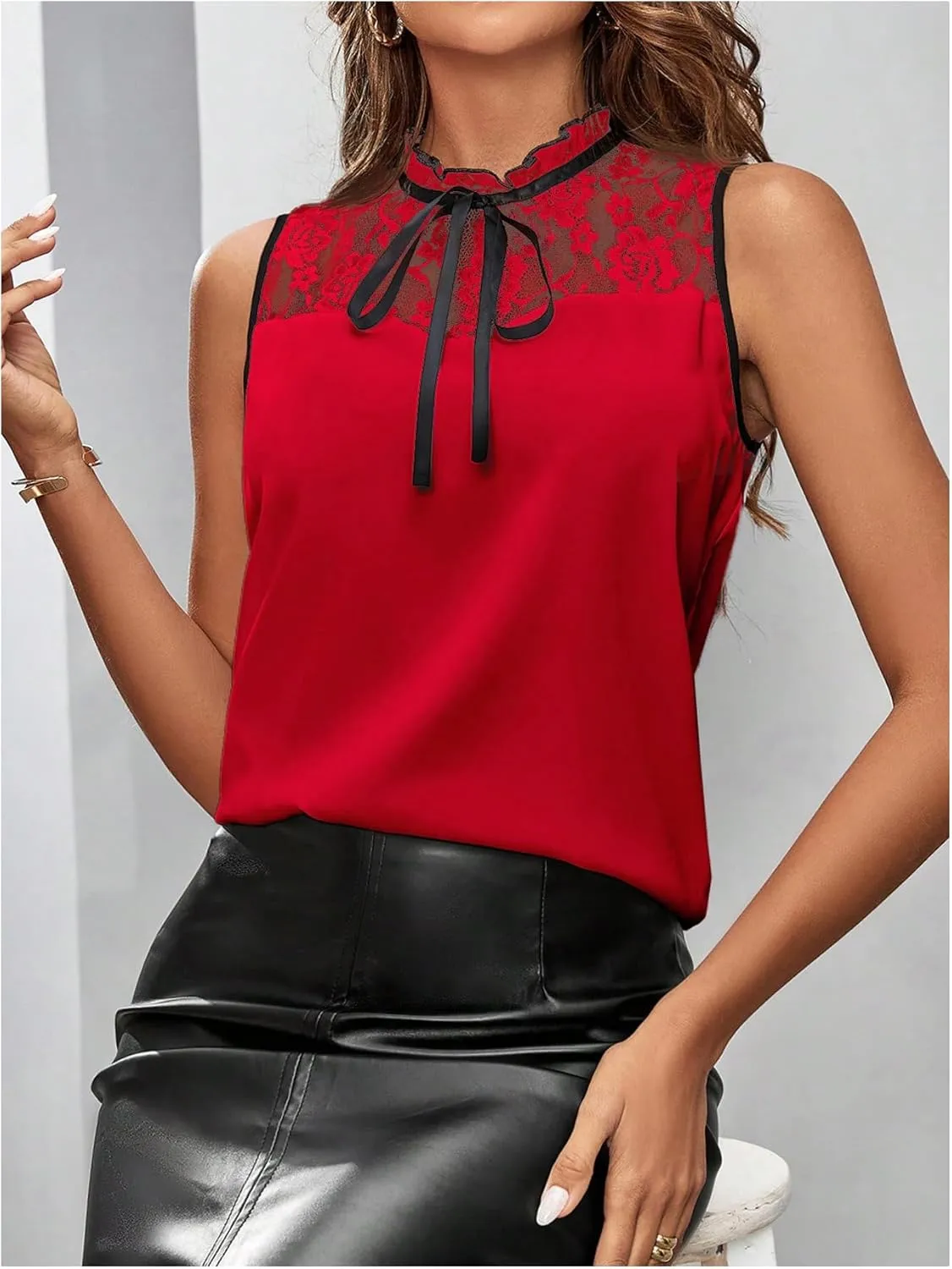 Women's High Neck Tank Top Sleeveless Lace Patchwork Tie Neck Loose Fit Work Blouse