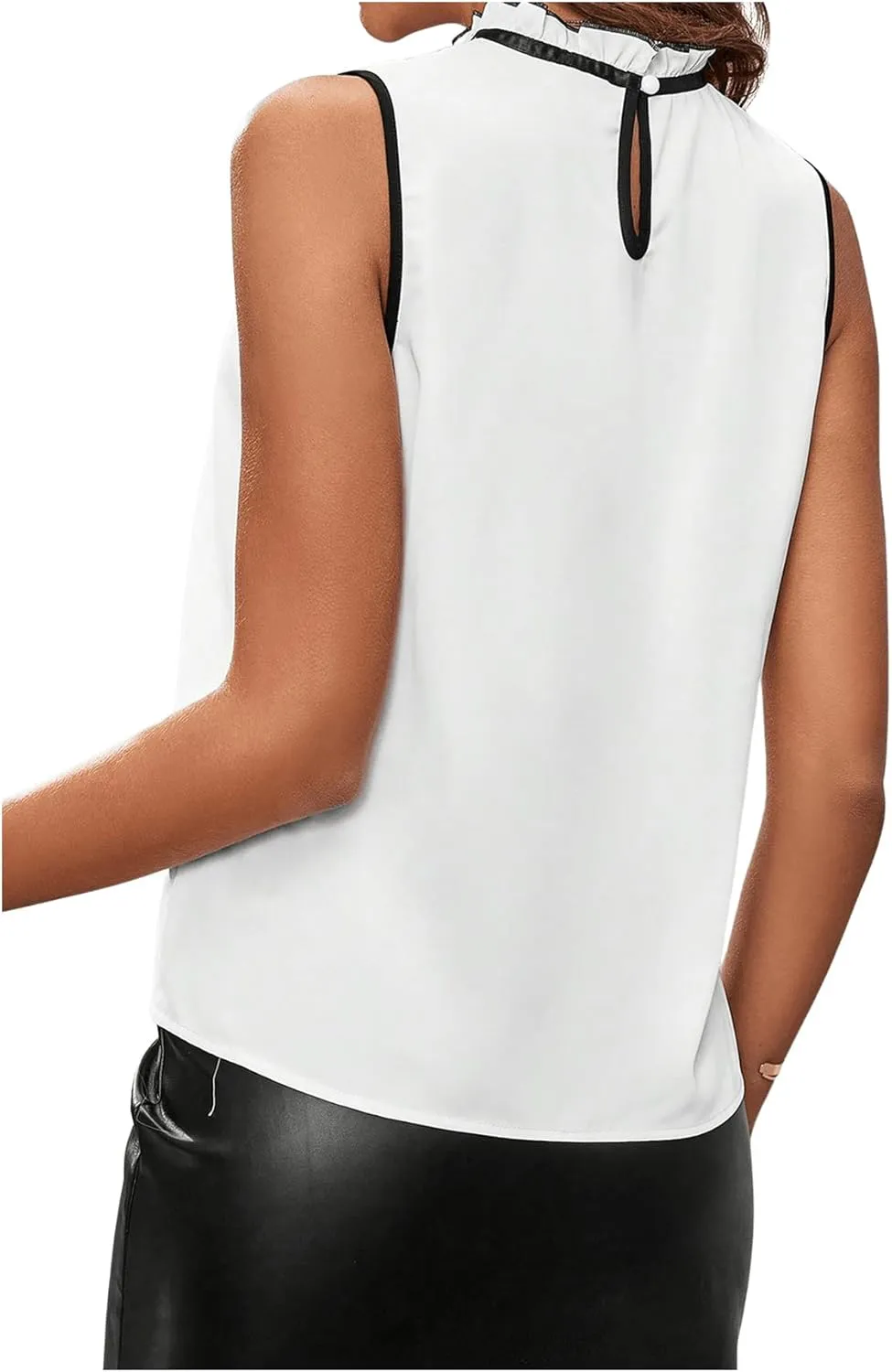 Women's High Neck Tank Top Sleeveless Lace Patchwork Tie Neck Loose Fit Work Blouse