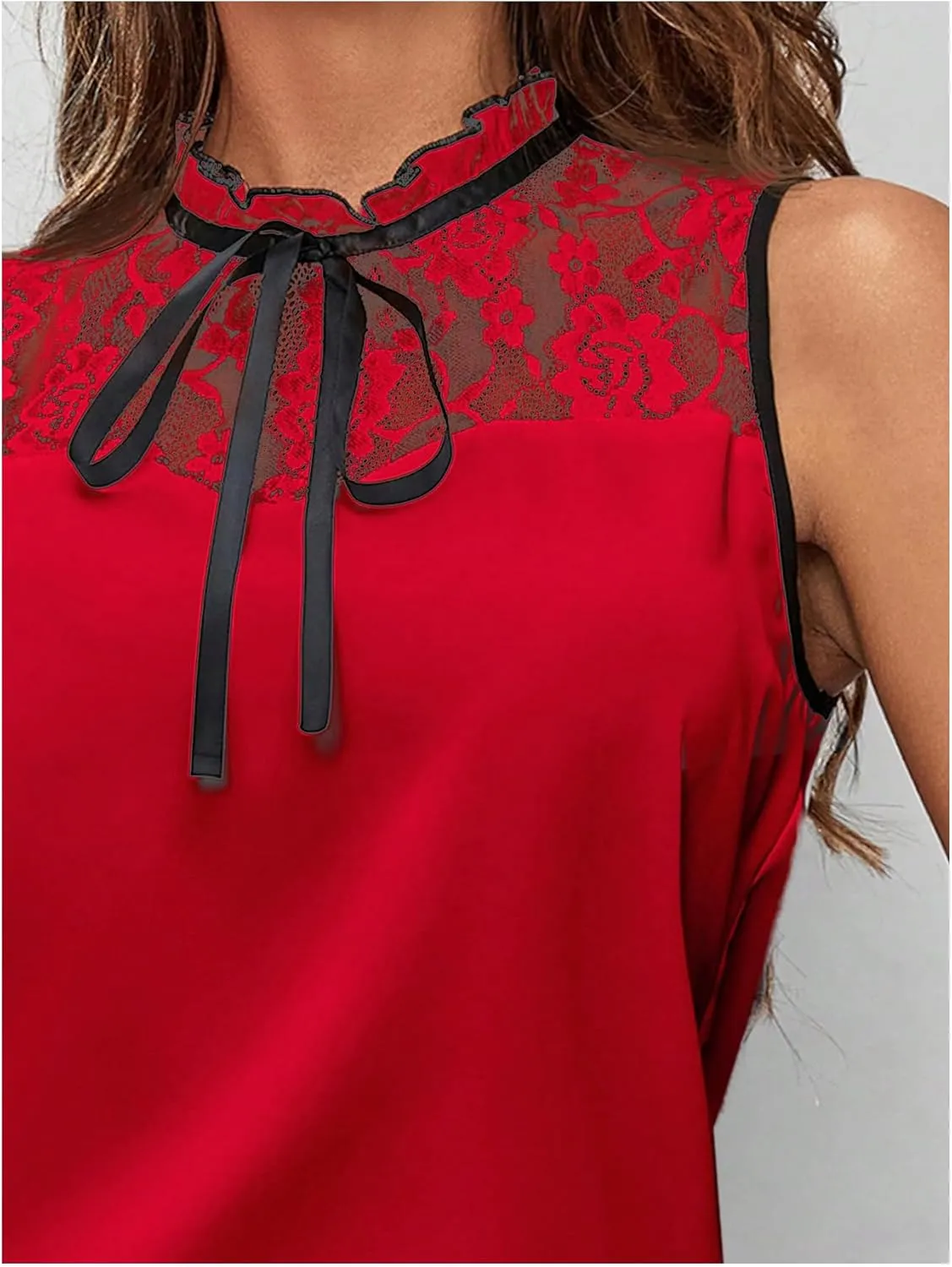 Women's High Neck Tank Top Sleeveless Lace Patchwork Tie Neck Loose Fit Work Blouse