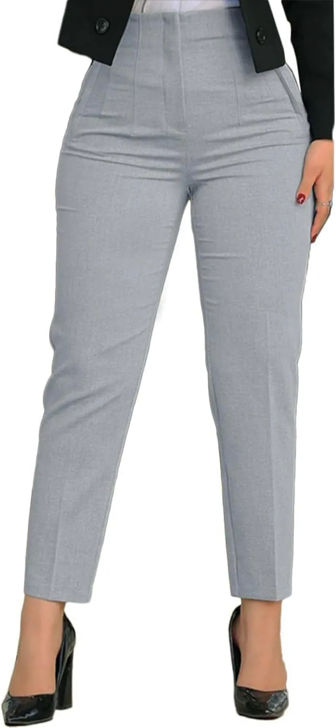 Womens High Waisted Pants Trendy Pleated Straight Leg Dress Pant Business Work Casual Trousers with Pockets Size Small Light Grey