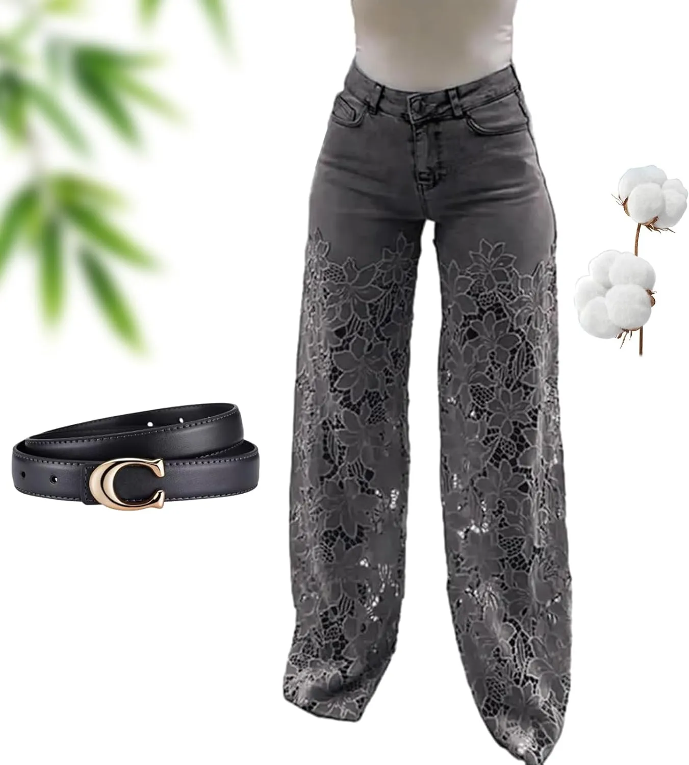 Women's Lace Patchwork Hollow Jeans, Summer High Waisted Casual Hollow Vintage Baggy Straight Wide Leg Denim Pants