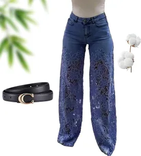 Women's Lace Patchwork Hollow Jeans, Summer High Waisted Casual Hollow Vintage Baggy Straight Wide Leg Denim Pants