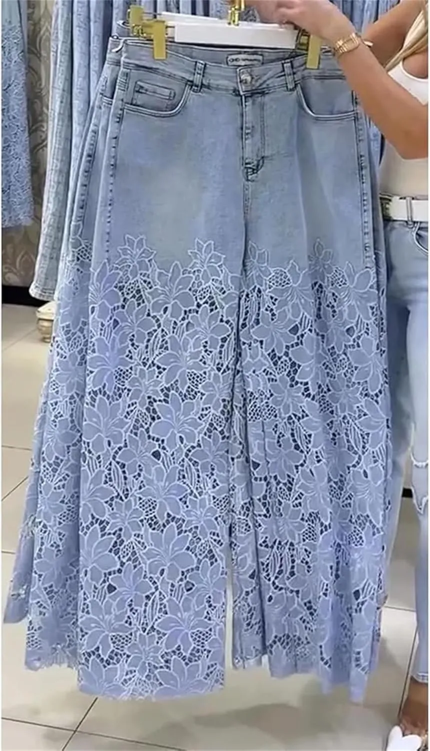 Women's Lace Patchwork Hollow Jeans, Summer High Waisted Casual Hollow Vintage Baggy Straight Wide Leg Denim Pants