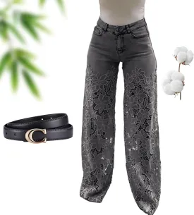 Women's Lace Patchwork Hollow Jeans, Summer High Waisted Casual Hollow Vintage Baggy Straight Wide Leg Denim Pants
