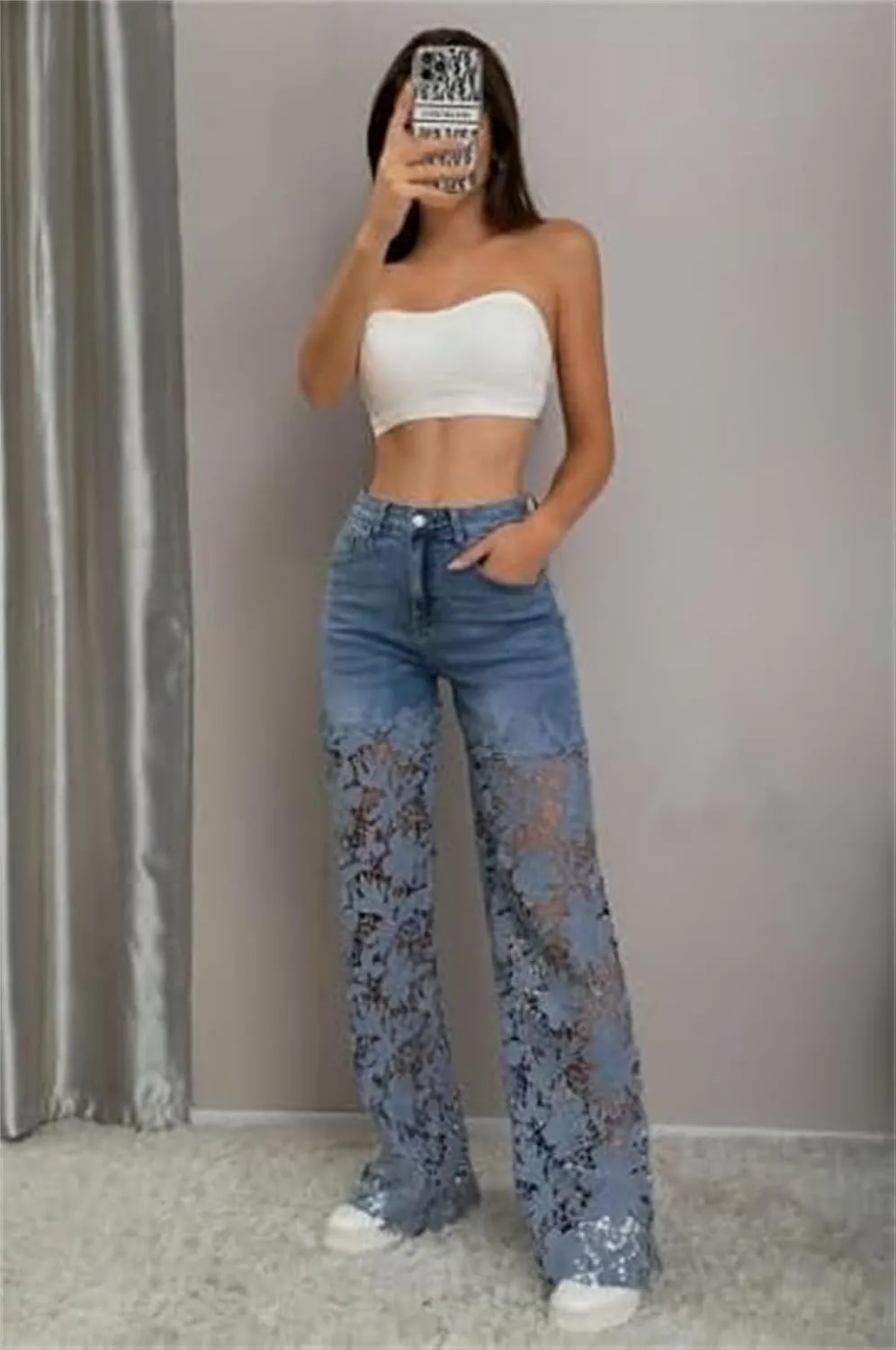 Women's Lace Patchwork Hollow Jeans, Summer High Waisted Casual Hollow Vintage Baggy Straight Wide Leg Denim Pants