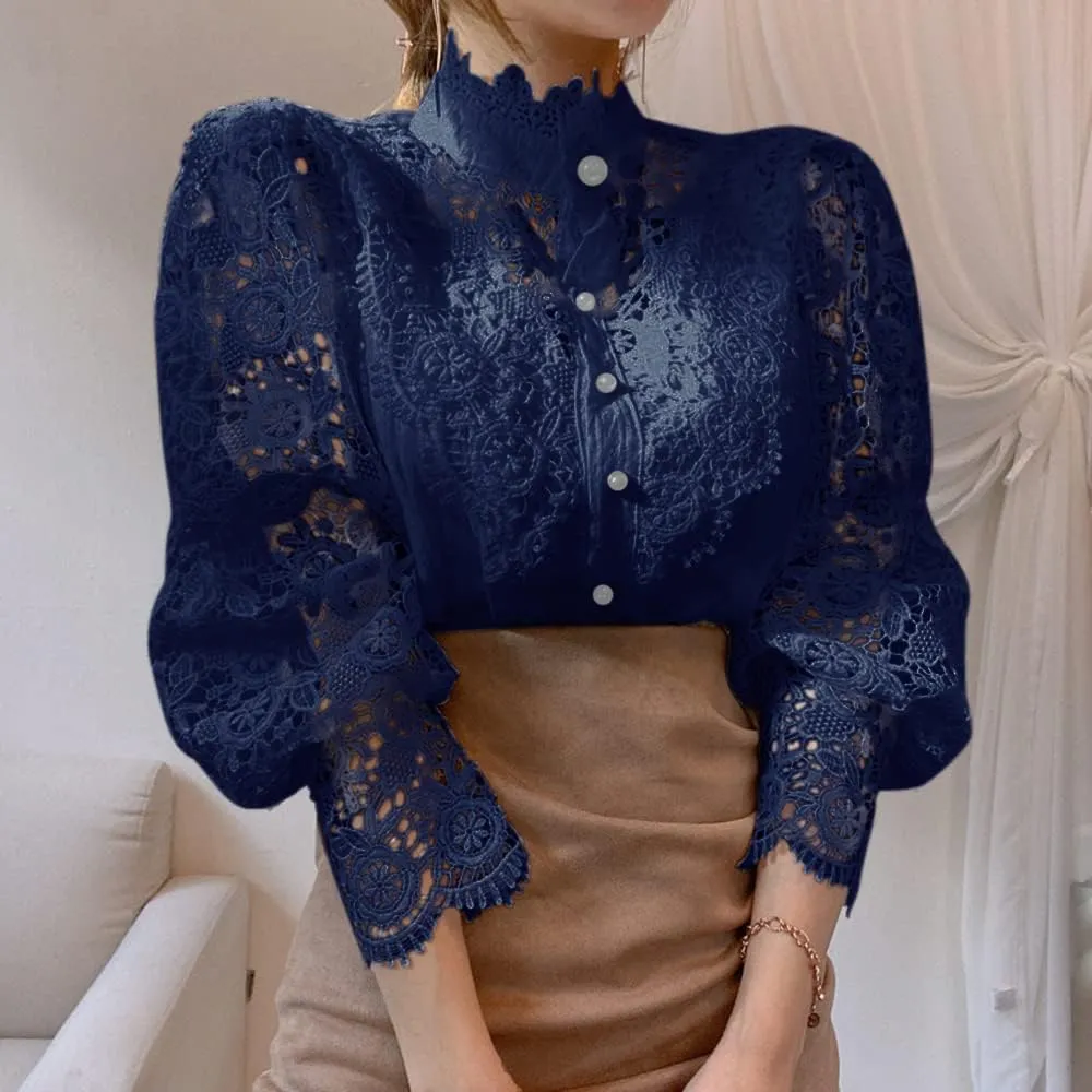 Womens Stand Collar Lace Patchwork Shirts Casual Hollow Out Flower Petal Sleeve Button Tops