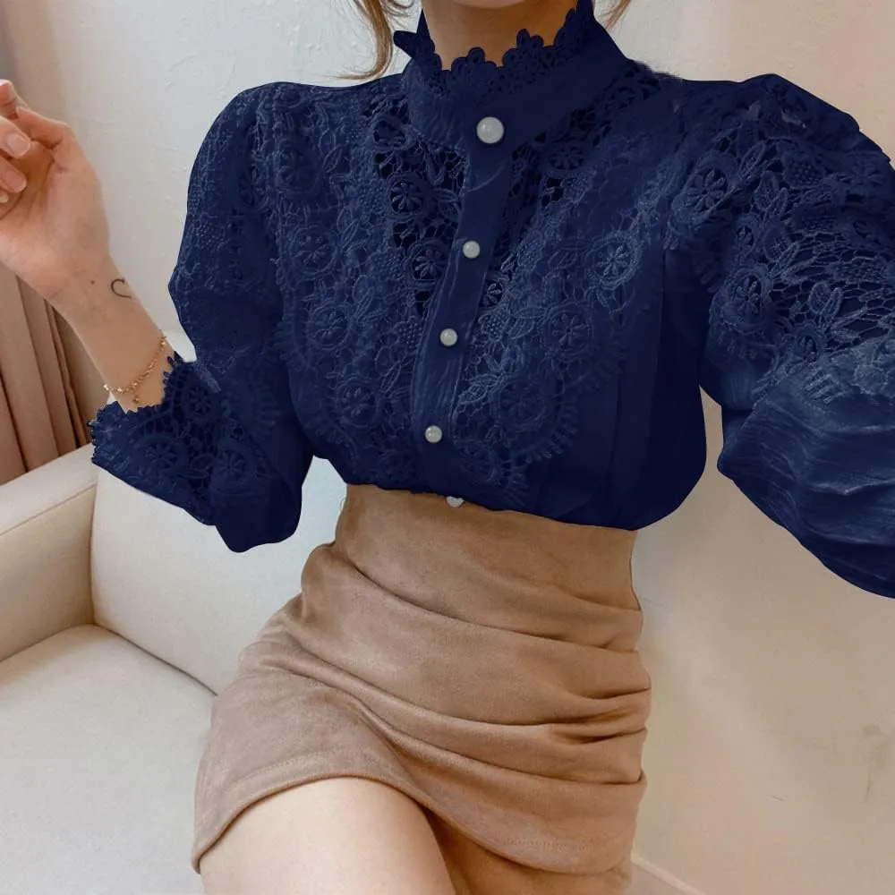 Womens Stand Collar Lace Patchwork Shirts Casual Hollow Out Flower Petal Sleeve Button Tops