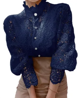 Womens Stand Collar Lace Patchwork Shirts Casual Hollow Out Flower Petal Sleeve Button Tops