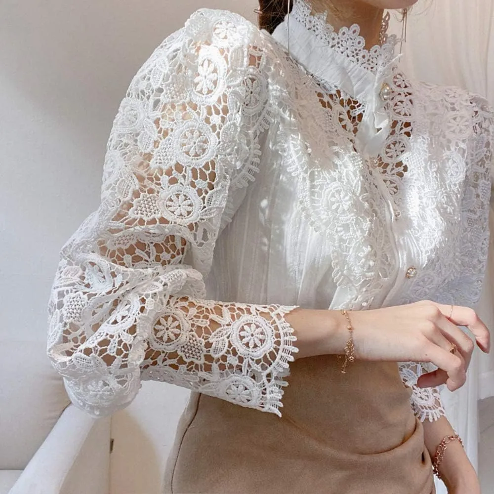 Womens Stand Collar Lace Patchwork Shirts Casual Hollow Out Flower Petal Sleeve Button Tops