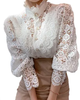 Womens Stand Collar Lace Patchwork Shirts Casual Hollow Out Flower Petal Sleeve Button Tops