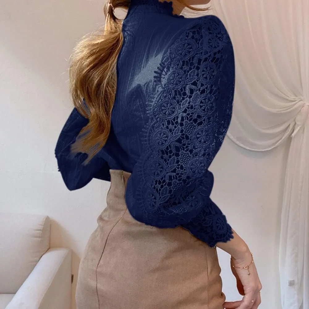 Womens Stand Collar Lace Patchwork Shirts Casual Hollow Out Flower Petal Sleeve Button Tops