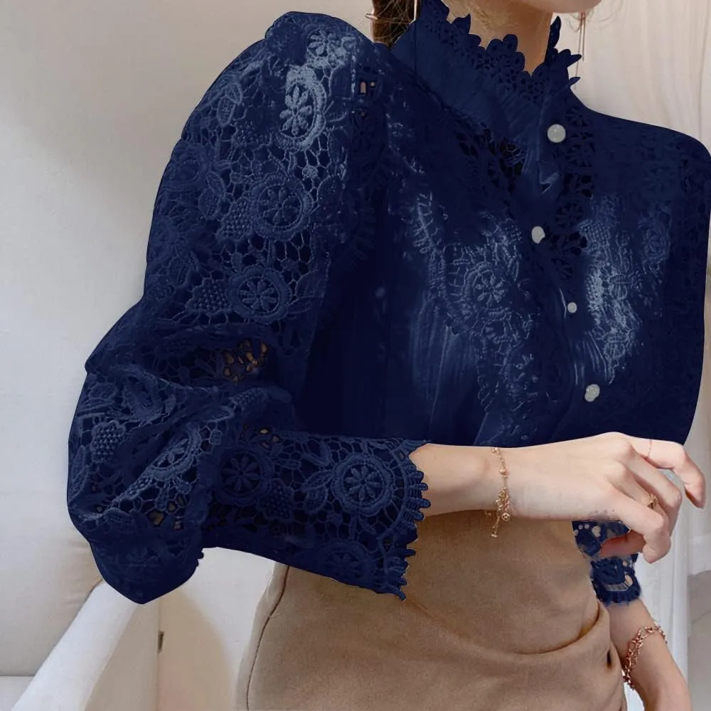 Womens Stand Collar Lace Patchwork Shirts Casual Hollow Out Flower Petal Sleeve Button Tops