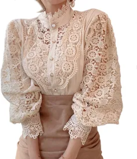 Womens Stand Collar Lace Patchwork Shirts Casual Hollow Out Flower Petal Sleeve Button Tops