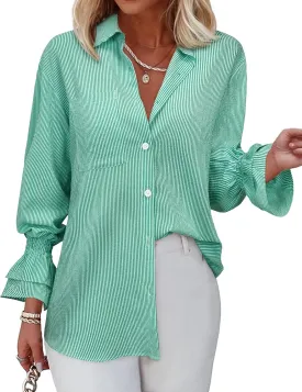 Women's Striped Button Down Shirt Smocked Cuffed Boyfriend Blouse Ruffle Sleeve Casual Tunic Tops with Pockets