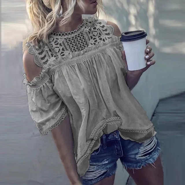 Yeknu Women Sexy Sleeveless Hollow Out Blouse Summer Loose Lace Patchwork Cotton Blouse Shirt Casual O-Neck Solid White Blusa Tops 5XL