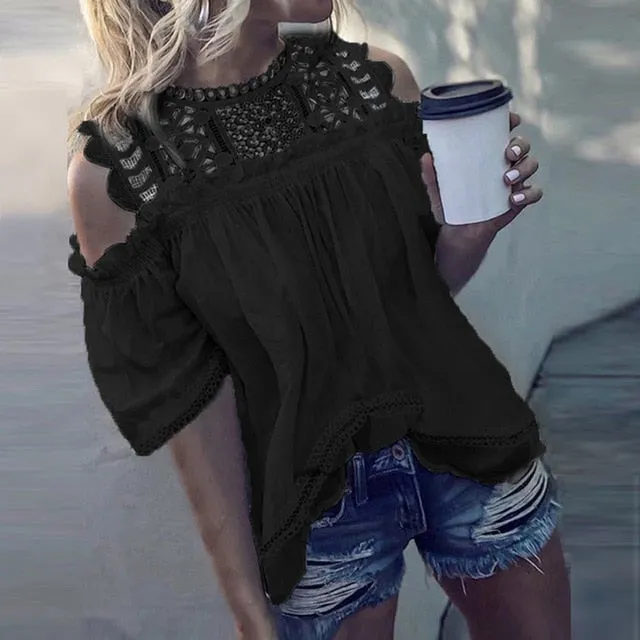 Yeknu Women Sexy Sleeveless Hollow Out Blouse Summer Loose Lace Patchwork Cotton Blouse Shirt Casual O-Neck Solid White Blusa Tops 5XL