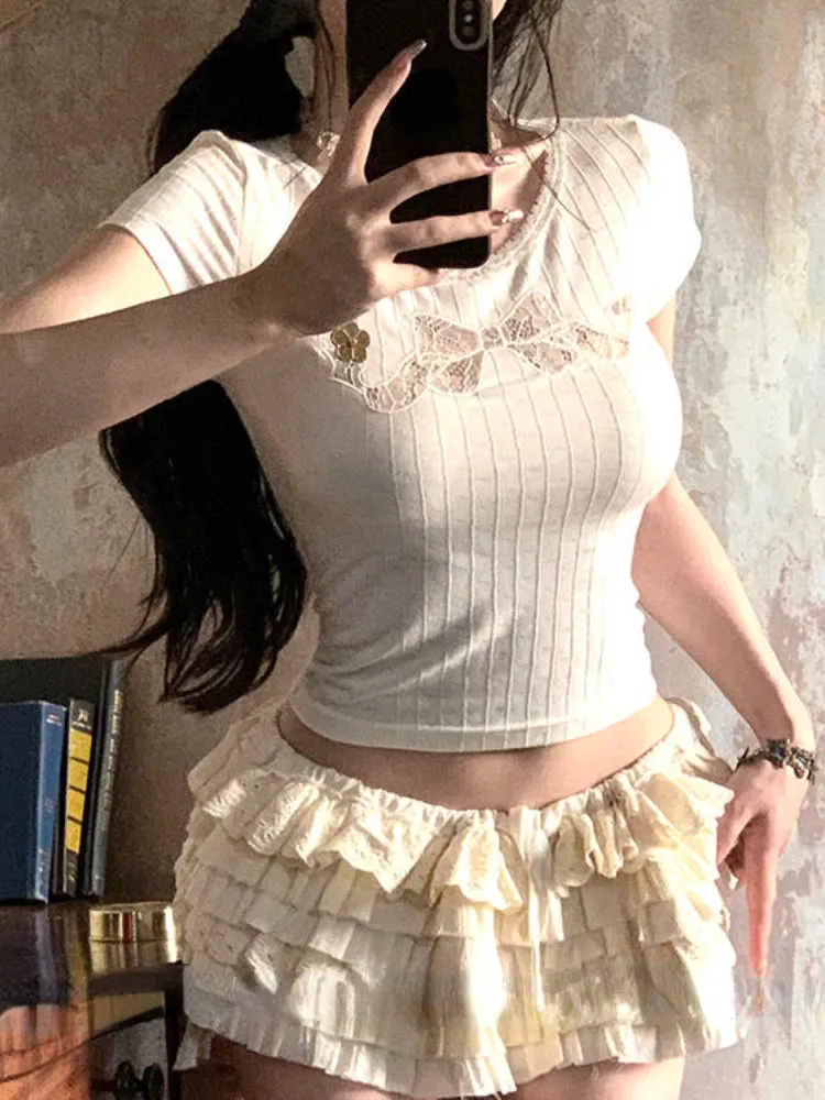 YESMYTOOL  -  2024 Harajuku Lace Bow Patchwork Sweet Crop T-Shirts Women Slim White Y2k Aesthetic Tees Casual Vintage Grunge Bottoming Tshirts