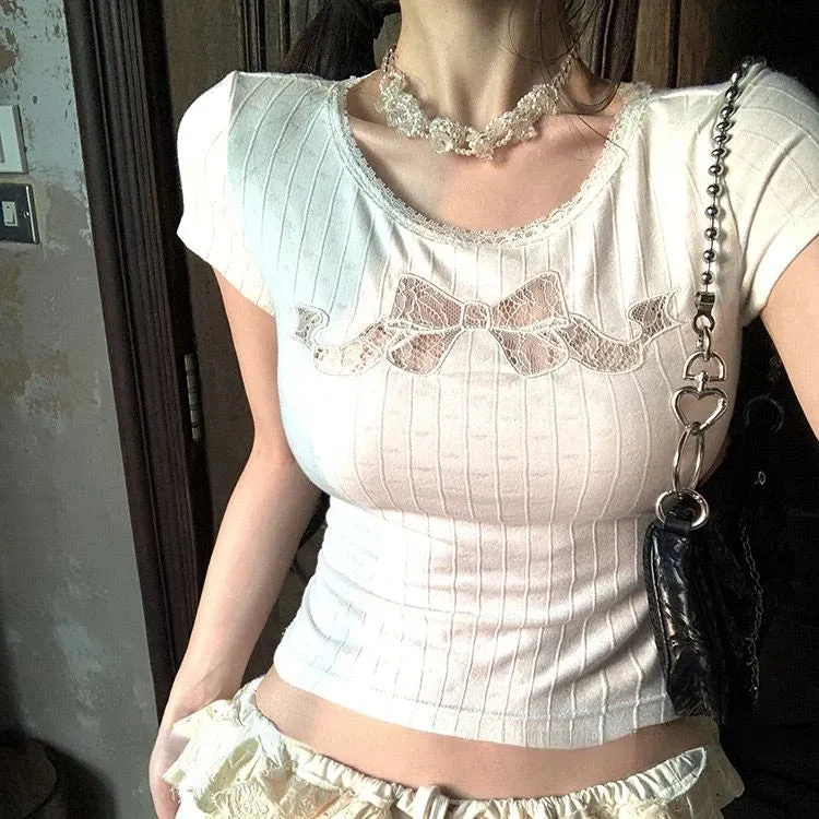 YESMYTOOL  -  2024 Harajuku Lace Bow Patchwork Sweet Crop T-Shirts Women Slim White Y2k Aesthetic Tees Casual Vintage Grunge Bottoming Tshirts