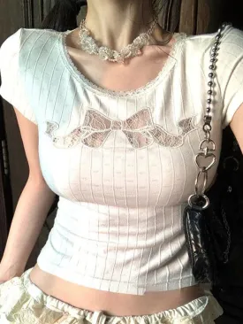 YESMYTOOL  -  2024 Harajuku Lace Bow Patchwork Sweet Crop T-Shirts Women Slim White Y2k Aesthetic Tees Casual Vintage Grunge Bottoming Tshirts