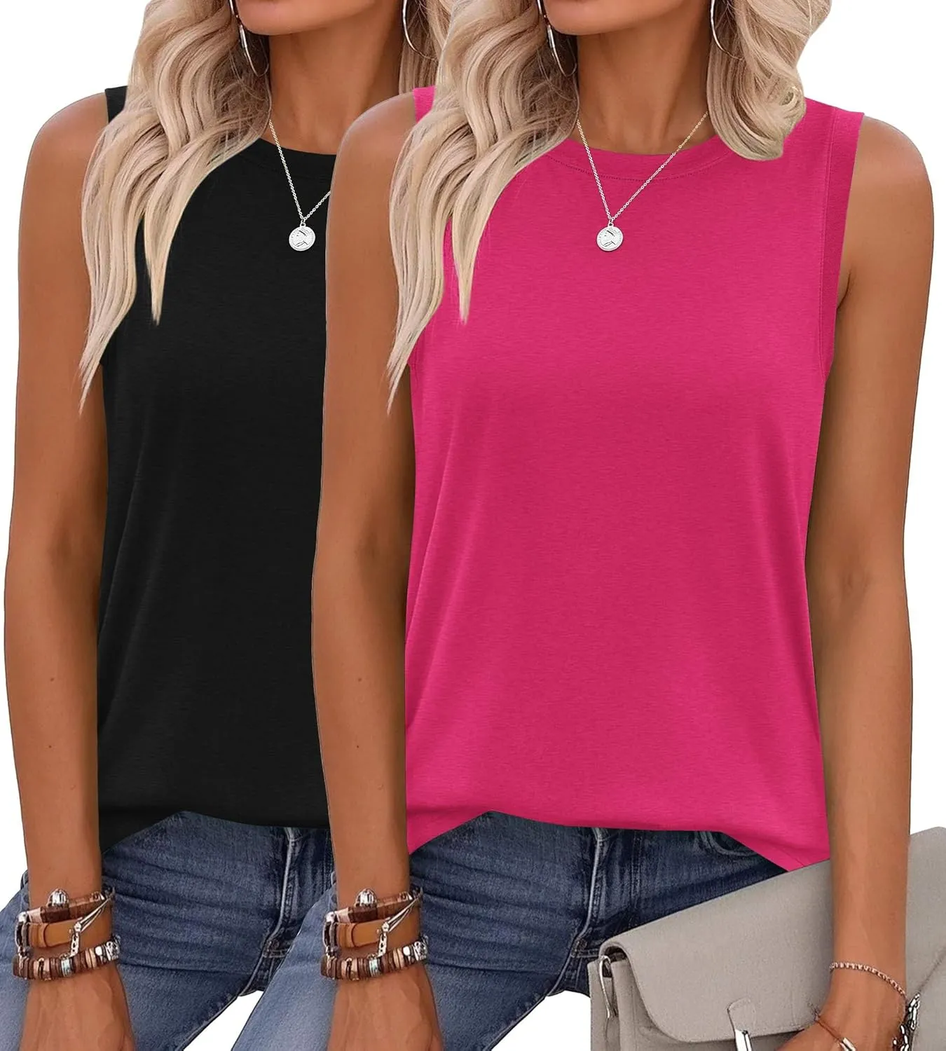 Zeagoo Womens Summer Tops Dressy Casual High Neck Sleeveless Shirts Basic Loose Fit Tank Tops Beach Vacation 2 Pack