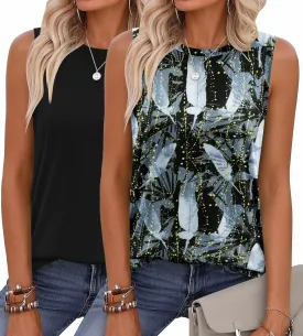 Zeagoo Womens Summer Tops Dressy Casual High Neck Sleeveless Shirts Basic Loose Fit Tank Tops Beach Vacation 2 Pack