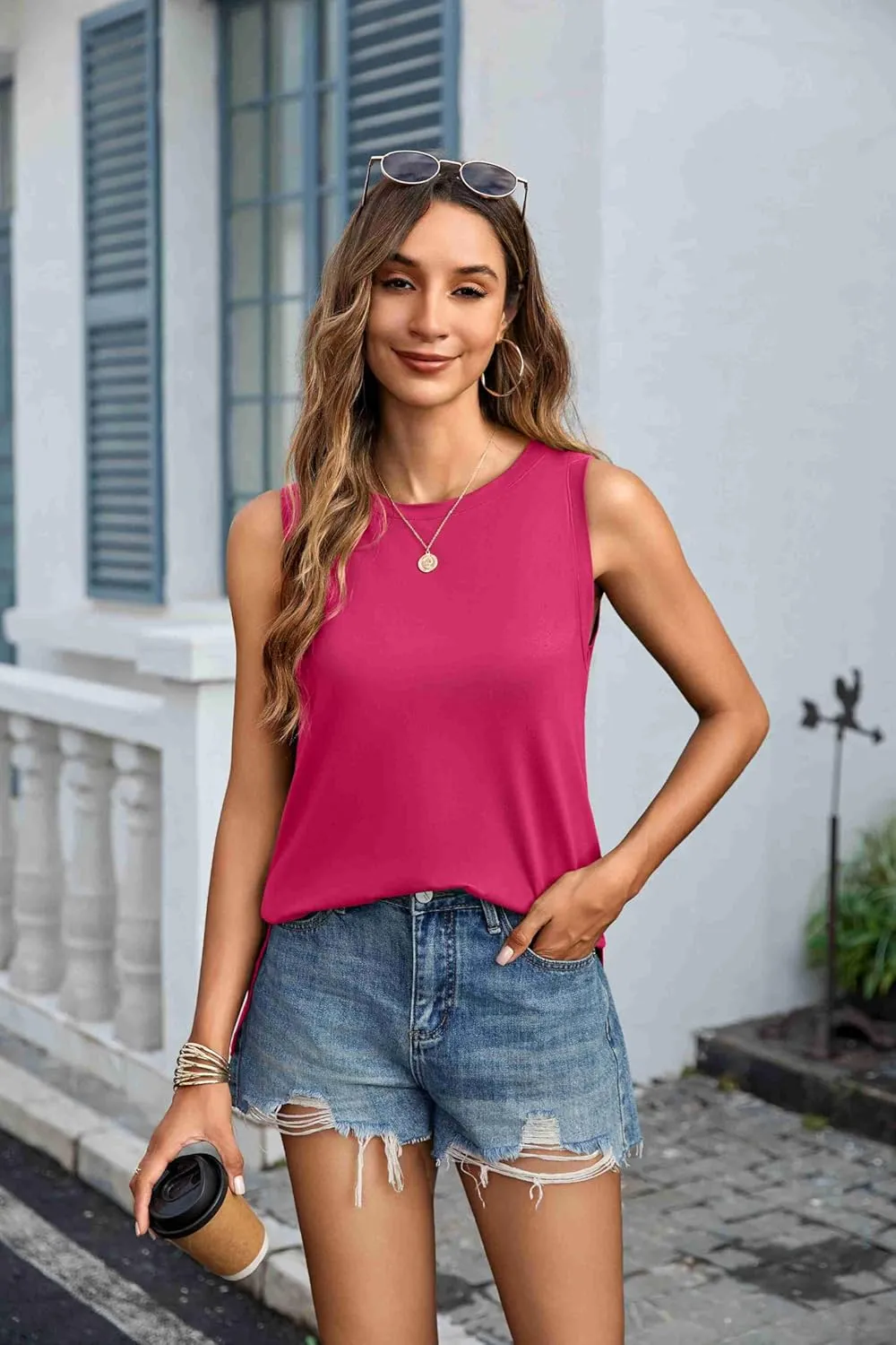 Zeagoo Womens Summer Tops Dressy Casual High Neck Sleeveless Shirts Basic Loose Fit Tank Tops Beach Vacation 2 Pack