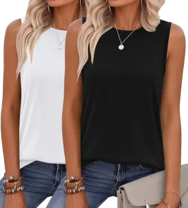 Zeagoo Womens Summer Tops Dressy Casual High Neck Sleeveless Shirts Basic Loose Fit Tank Tops Beach Vacation 2 Pack